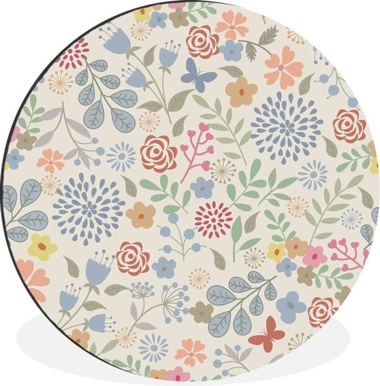 WallCircle - Wandcirkel - Muurcirkel - Een bloemdessin illustratie met veel bloemen - Aluminium - Dibond - ⌀ 90 cm - Binnen en Buiten