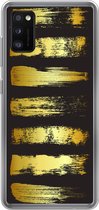 Geschikt voor Samsung Galaxy A41 hoesje - Gouden strepen op een zwarte achtergrond - Siliconen Telefoonhoesje