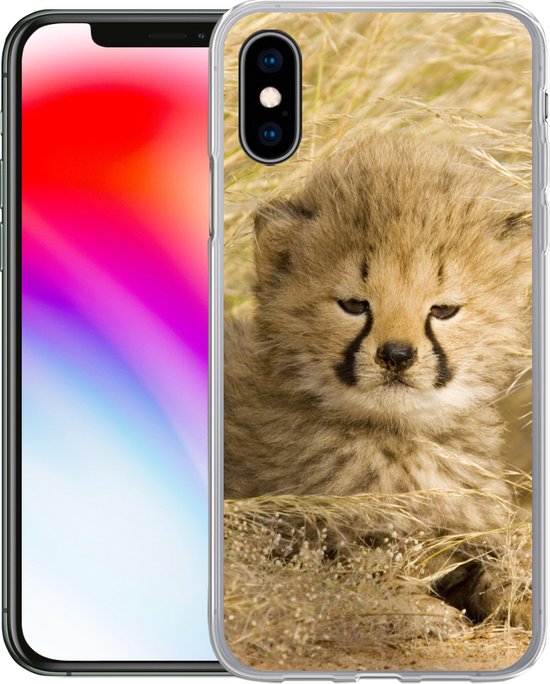 Telefoonhoesje Geschikt voor iPhone X hoesje - Cheeta - Jong - Gras - Siliconen Telefoonhoesje Telefoonhoesje