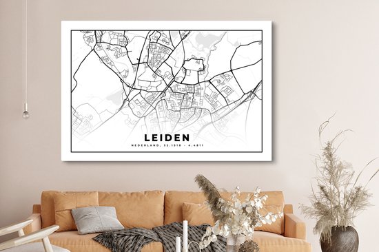 Toile Peinture Carte - Leiden - Nederland - 180x120 cm - Décoration murale XXL