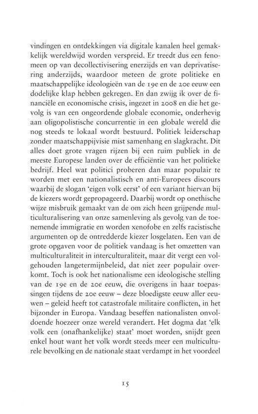 Pagina met tekst over digitale kanalen, politieke economie, nationalisme, multiculturalisme, en de Europese Unie. Pagina nummer 15.