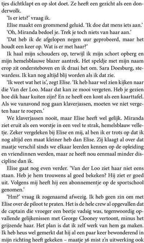 Tekstpagina uit een boek, met een dialoog over een vliegreis en passagiers.