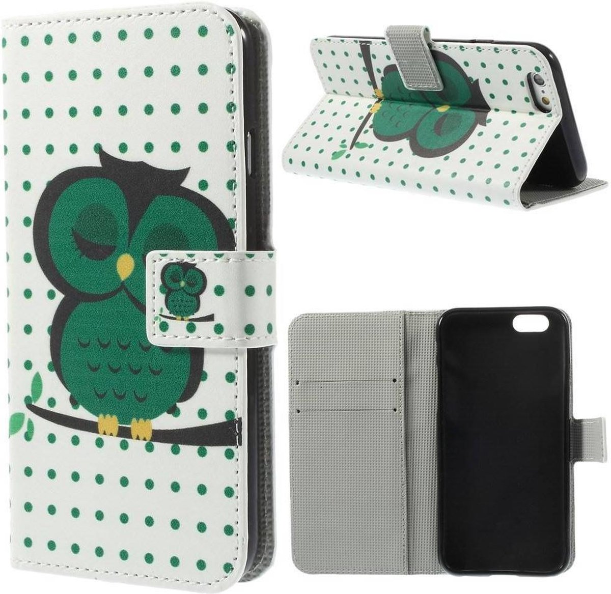 PU Leren stand Wallet iPhone 6(s) – Wit- Groene Uil