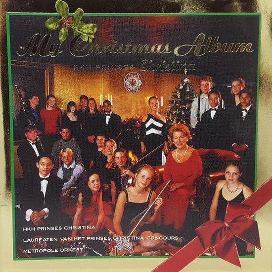 Kerstalbumhoes met Prinses Christina, Metropole Orkest en kinderen in feestelijke kledij voor een kerstboom.