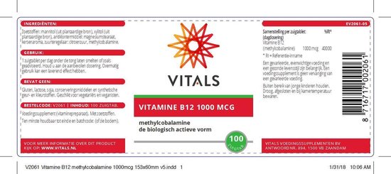 Piepen artikel Uitstekend Vitals Vitamine B12 Methylcobalamine 1000 mcg - 100 zuigTabletten -  Vitaminen | bol.com