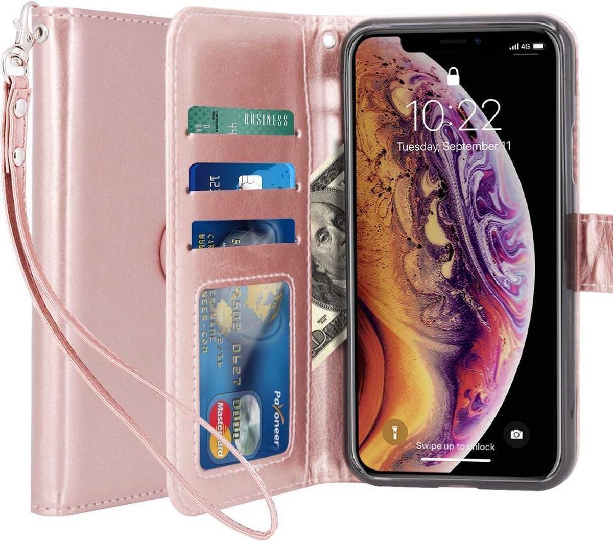 Telefoonhoes Geschikt voor: Apple iPhone X / Xs portemonnee hoesje - Goud