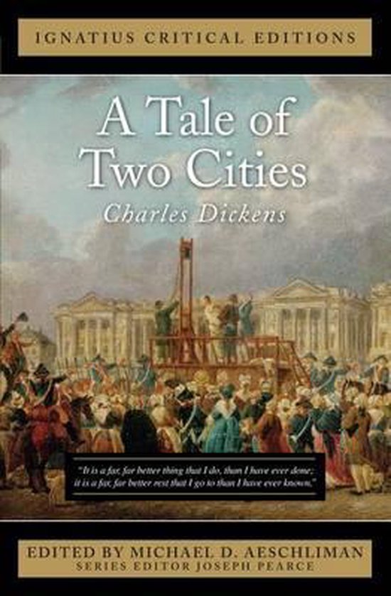 Couverture du livre "A Tale of Two Cities" de Charles Dickens, représentant une scène historique d'exécution avec une guillotine sur une place.
