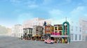 LEGO Creator Expert Downtown Diner 10260, gebouwen van LEGO-stenen met roze auto en figuren.