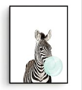 Postercity - Design Canvas Poster Zebra Hoofd met Groene Kauwgom / Kinderkamer / Dieren Poster / Babykamer - Kinderposter / Babyshower Cadeau / Muurdecoratie / 40 x 30cm / A3