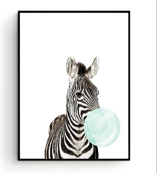 Postercity - Design Canvas Poster Zebra Hoofd met Groene Kauwgom / Kinderkamer / Babykamer - Kinderposter / Babyshower Cadeau / Muurdecoratie / 40 x 30cm / A3