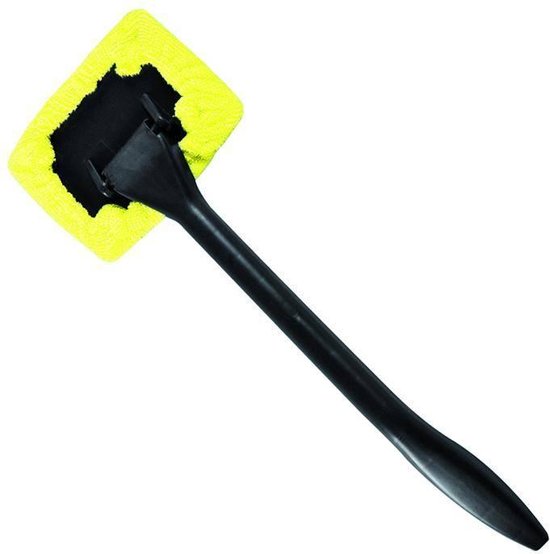 Gele microvezelkop met zwarte houder, aan een gebogen zwarte steel.