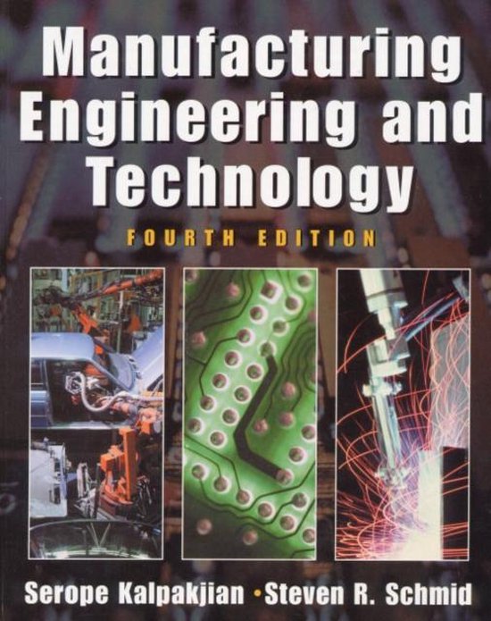 Boekcover van 'Manufacturing Engineering and Technology, Fourth Edition' met afbeeldingen van industriële machines en printplaten.