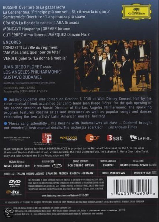 Couverture DVD avec détails de concert pour Gustavo Dudamel et Juan Diego Flórez, avec un orchestre et un portrait de Dudamel.