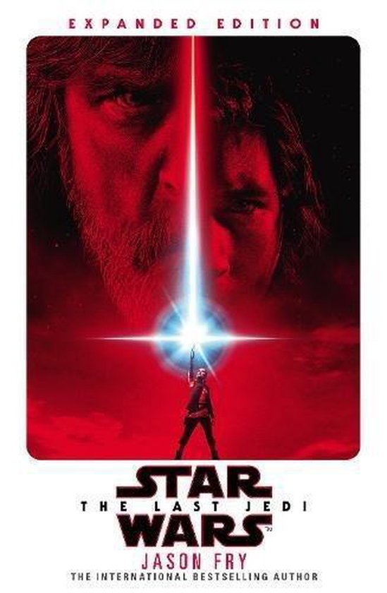 Boekomslag: Gezicht van Luke Skywalker en Kylo Ren, klein figuur met lichtzwaard, "Star Wars: The Last Jedi"