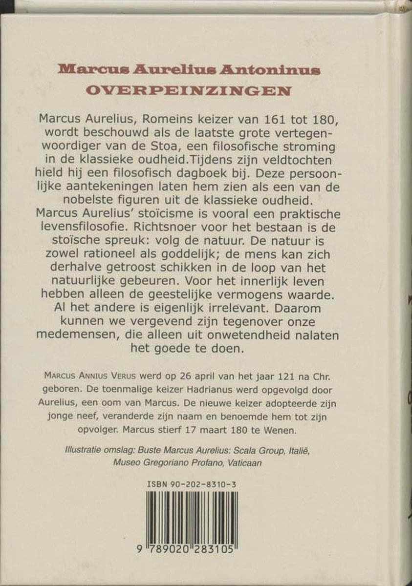 Achterkant van het boek 'Overpeinzingen' van Marcus Aurelius, met tekst en ISBN.