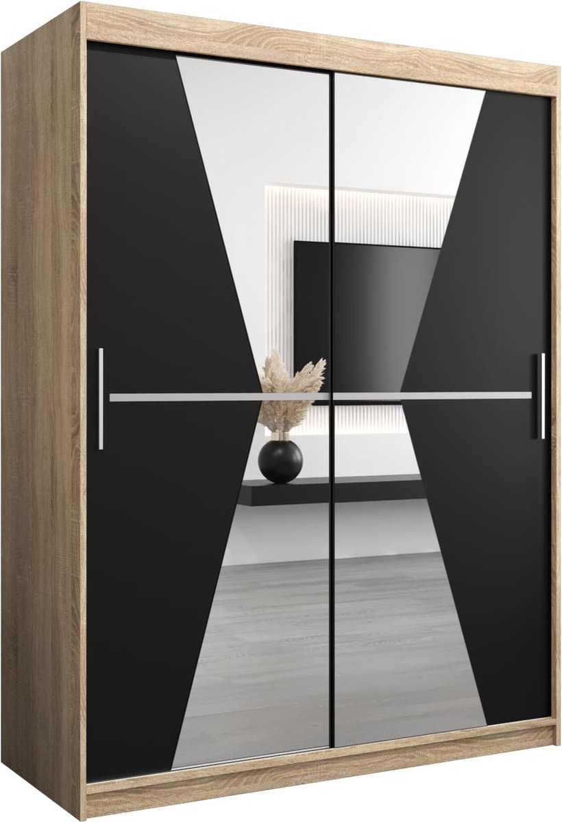 InspireME Kledingkast met 2 schuifdeuren, Modern-stijl, Een kledingkast met planken en een spiegel (BxHxD): 150x200x62 - TOTO 150 Sonoma Eik + Zwart Mat met 2 lades