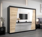 InspireMe - Armoire avec 3 portes coulissantes, Style moderne, Une armoire avec des étagères et un miroir (LxHxP): 250x200x62 - THOR 250 Zwart Mat + Chêne Sonoma mat 4 tiroirs