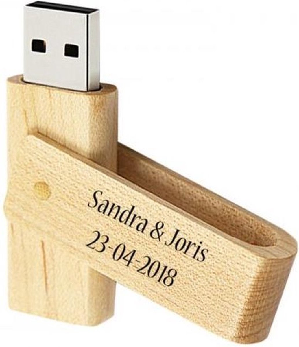 Uitklap hout 128GB 3.0 usb stick met naam tekst of logo bedrukken