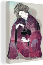 Canvas Schilderij Japanse illustraties - Vrouw - Theepot - 90x120 cm - Wanddecoratie