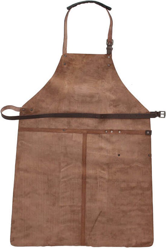 Tablier en cuir marron avec des sangles en cuir marron et une boucle sur le côté.