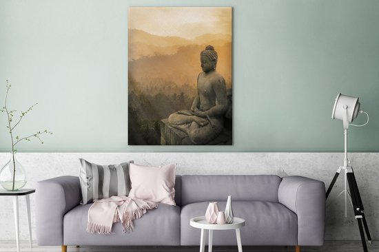 Statue de Bouddha au coucher du soleil 90x120 cm - Tirage photo sur toile (Décoration murale salon / chambre)