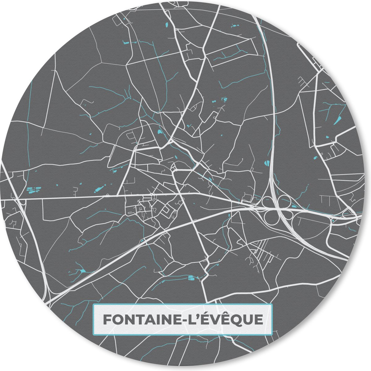 Muismat rond 50x50 cm - Mousepad Stadskaart – Grijs - Kaart – Fontaine l'Évêque– België – Plattegrond - Ronde muismatten - Stadskaart