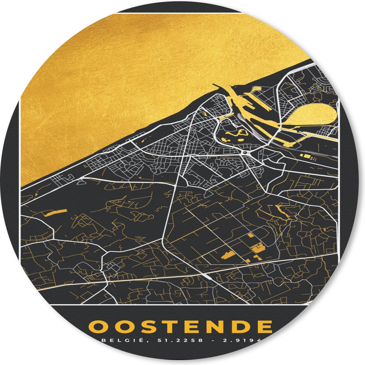 Muismat - Mousepad - Rond - Stadskaart - Oostende - Plattegrond - Goud - Kaart - 20x20 cm - Ronde muismat