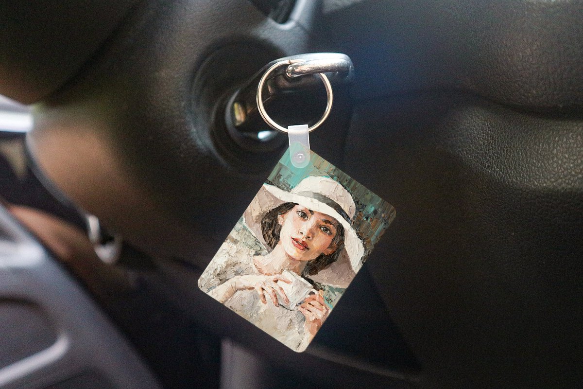 Sleutelhanger - Schilderij - Vrouw - Olieverf - Hoed - Koffie - Uitdeelcadeautjes - Plastic