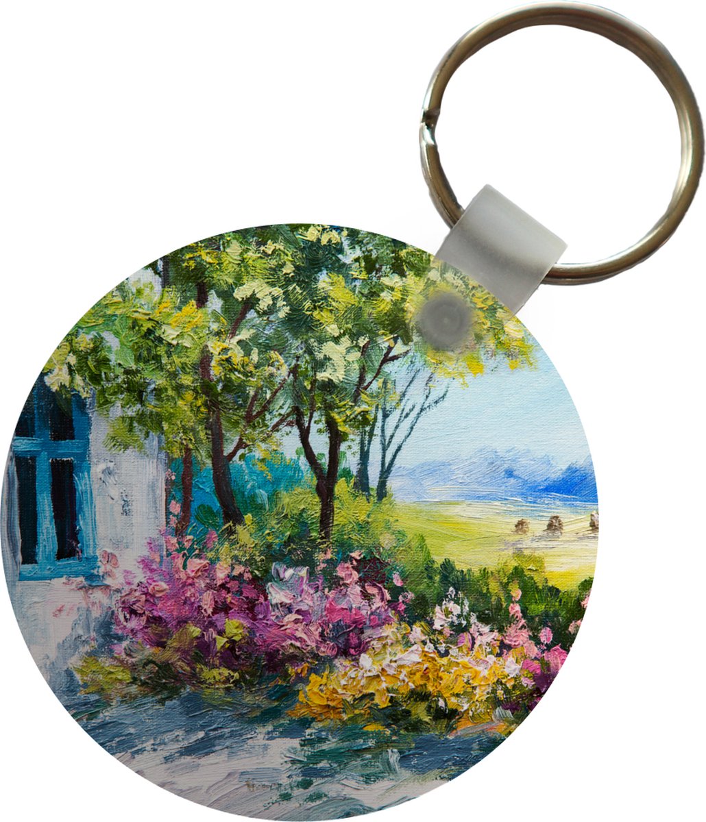 Sleutelhanger - Schilderij - Planten - Bloemen - Huis - Olieverf - Plastic - Rond - Uitdeelcadeautjes