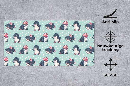 Bureau onderlegger 60x30 cm - Muismat Pinguïn - Schaatsen - Muts - Kinderen - Patroon - Bureaulegger xl - Desk mat beschermer - Computer muismatten