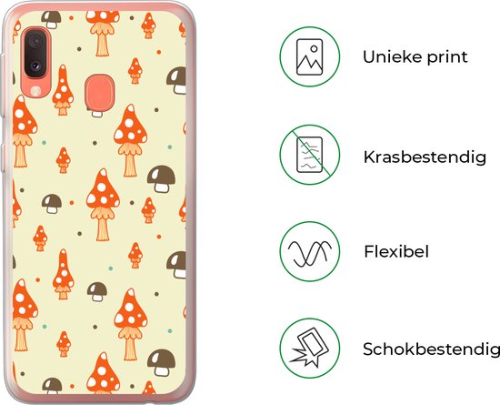 Telefoonhoesje Geschikt voor Samsung Galaxy A20e hoesje - Patronen - Paddestoel - Oranje - Siliconen Telefoonhoesje