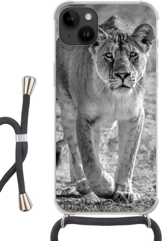 Apple iPhone 14 Plus - Étui à bandoulière - Lion - Zwart - Wit - Siliconen - Bandoulière - Coque arrière avec cordon - Étui pour téléphone avec cordon - Étui avec corde