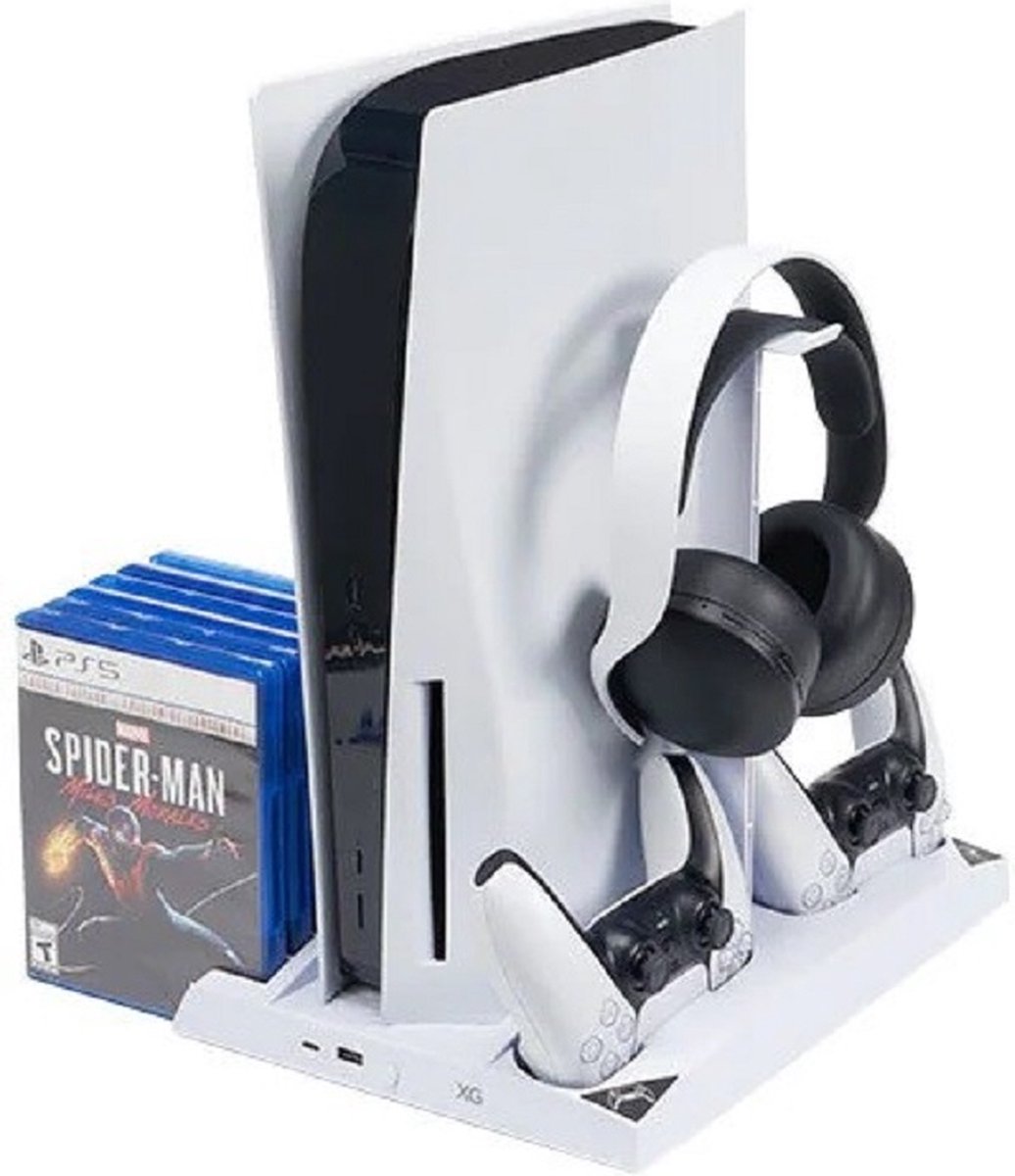Multifunctioneel Opbergstation Standaard met Koeling Ventilatie geschikt voor Playstation 5 | Coolingstation met oplader voor PS5 DualSense Controllers Joystick | CD games en Koptelefoon opbergen - IV-P5249