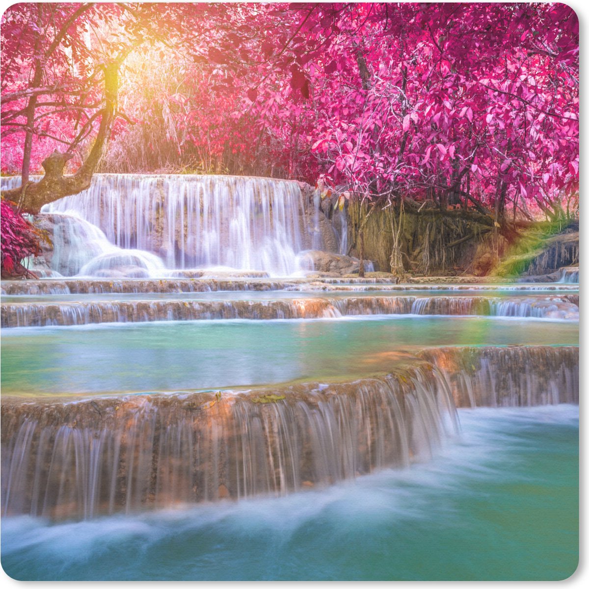 Muismat 30x30 cm - Mousepad Waterval - Regenboog - Bomen - Roze - Natuur - Muismatten