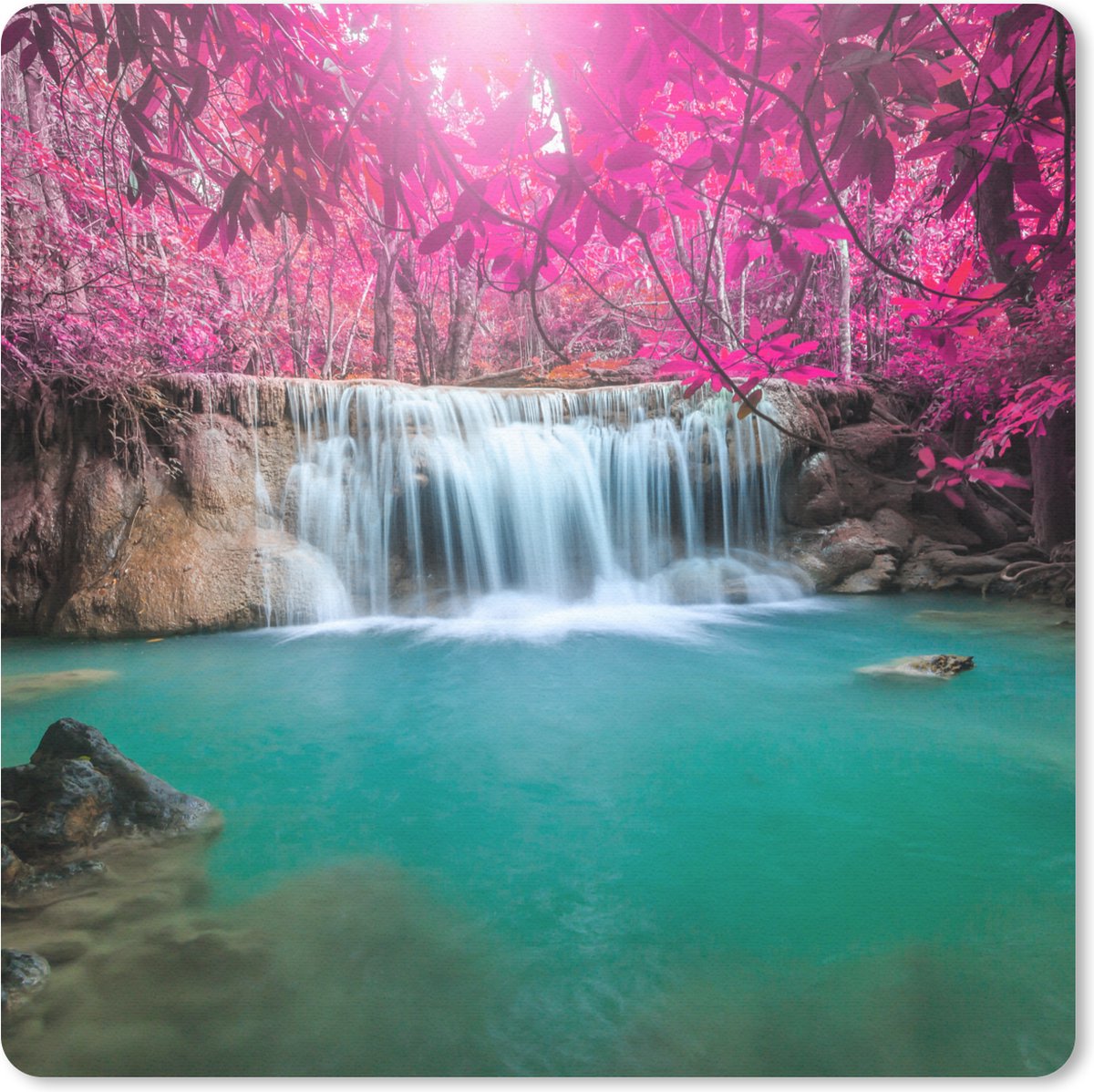Muismat 20x20 cm - Mousepad Waterval - Boom - Roze - Natuur - Muismatten