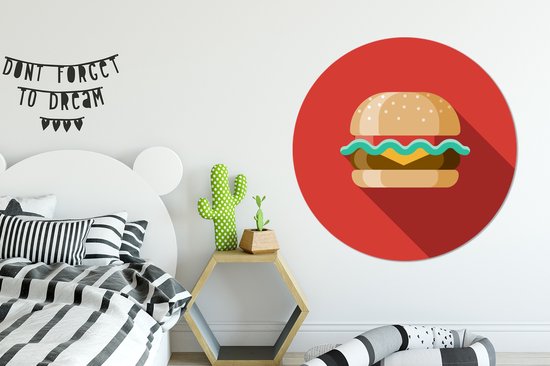 Une icône illustration d'un hamburger sur fond rouge. Cercle mural aluminium ⌀ 140 cm