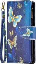 Xiaomi 12T / 12T Pro - Portemonnee met rits - book-case hoesje - ruimte voor 9 pasjes - goud blauw vlinders