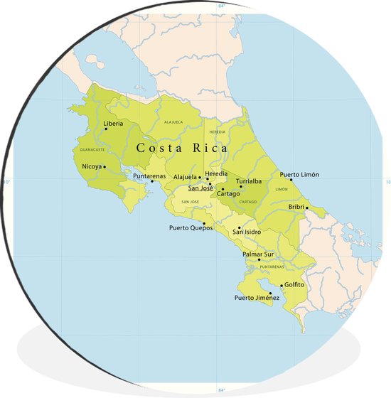 WallCircle - Wandcirkel - Muurcirkel - Illustratie van een kaart met Costa Rica in het groen - Aluminium - Dibond - ⌀ 90 cm - Binnen en Buiten