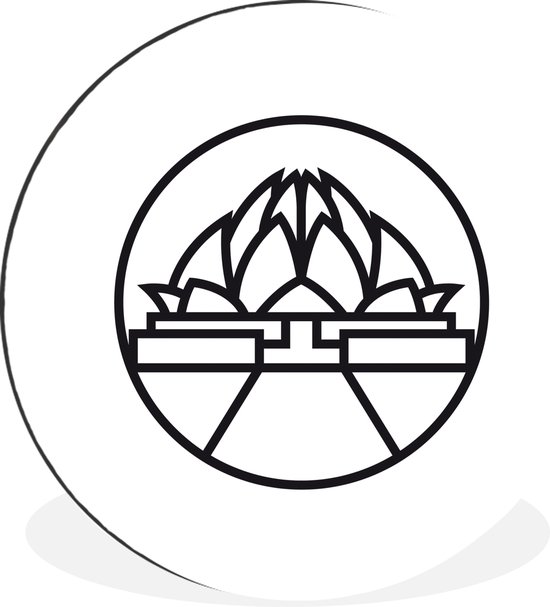 WallCircle - Wandcirkel - Muurcirkel - Zwart-wit illustratie van de Lotus Temple - Aluminium - Dibond - ⌀ 90 cm - Binnen en Buiten