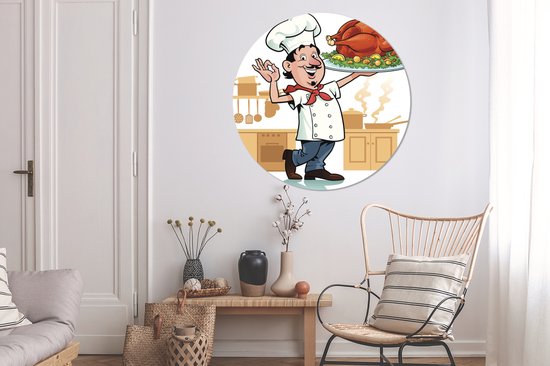 Une illustration d'un cuisinier avec un morceau de viande Cercle mural aluminium ⌀ 120 cm - tirage photo sur cercle mural / cercle vivant / cercle jardin (décoration murale) XXL / Groot format!