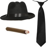 Smiffys - Gangster/Maffia verkleed set hoed zwart met zwarte stropdas en vette sigaar