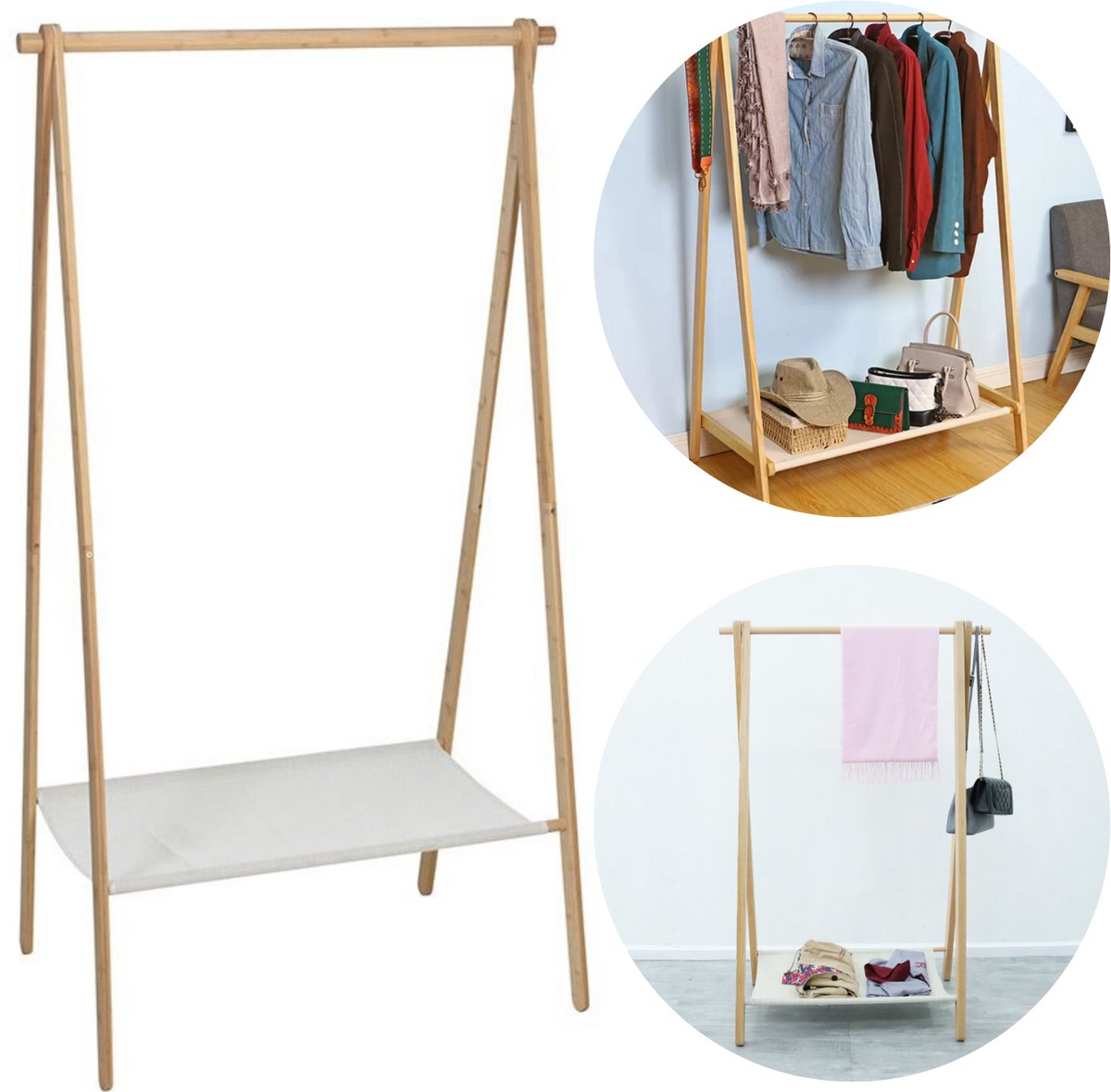 Cheqo® Houten Kledingrek - Kleerrek - Kledingkast - Met Houten Kledingstang en Oplegplank - Schoenenplank - 155x86x57cm