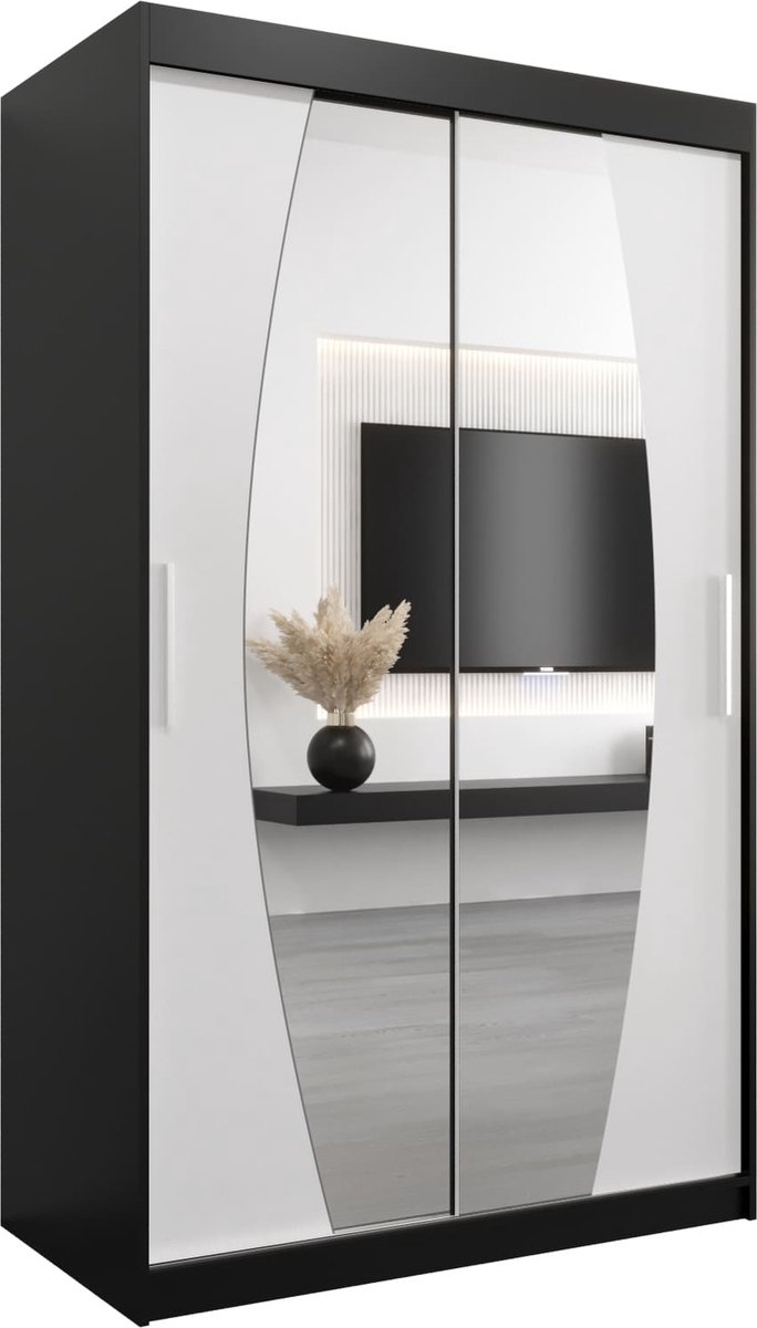 InspireME Kledingkast met 2 schuifdeuren, Modern-stijl, Een kledingkast met planken en een spiegel (BxHxD): 120x200x62 - GLOBE 120 Zwart Mat + Wit Mat met 2 lades