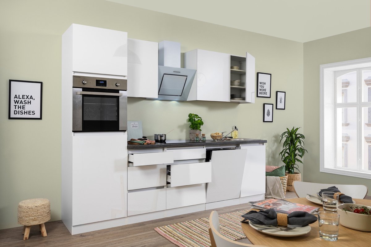 Goedkope keuken 280  cm - complete keuken met apparatuur Lorena  - Wit/Wit - soft close - keramische kookplaat - vaatwasser - afzuigkap - oven    - spoelbak