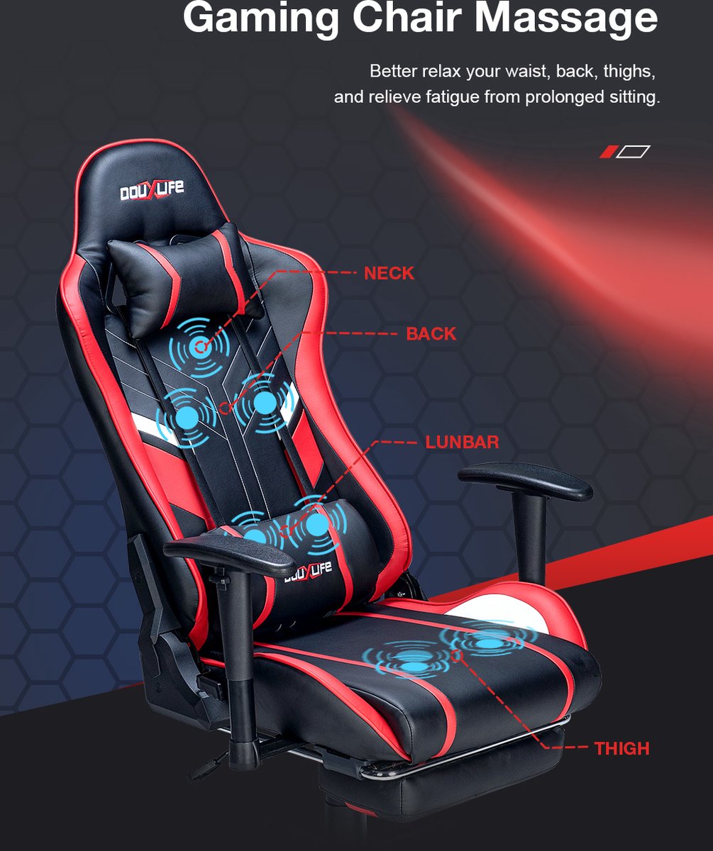 Afbeelding 2 van PU Massagestoel Ergonomisch met Voetenbankje Rood/Zwart