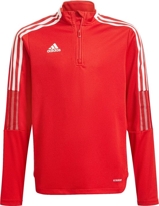 Sweat Adidas rouge pour enfants avec bandes blanches sur les manches et technologie Aeroready.