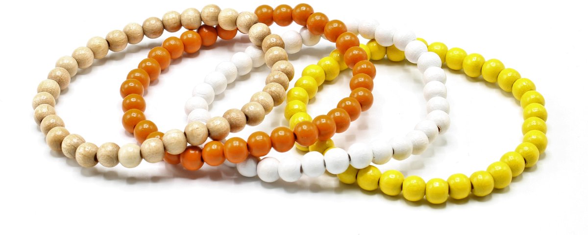 4 Elastische houten kralen armbanden beige oranje wit geel A kwaliteit 16 cm