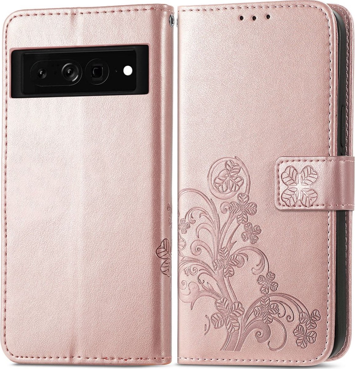 Mobigear Telefoonhoesje geschikt voor Google Pixel 7 Hoesje | Mobigear Clover Bookcase Portemonnee | Pasjeshouder voor 3 Pasjes | Telefoonhoesje voor Pinpas / OV Kaart / Rijbewijs - Roségoud