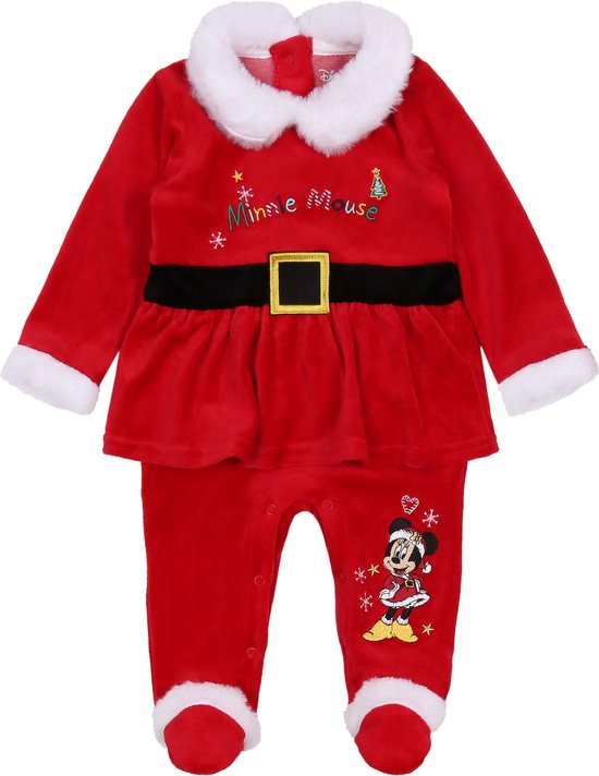 Kerstpakje van rode velours met witte bontranden, 'Minnie Mouse' opdruk en strik.