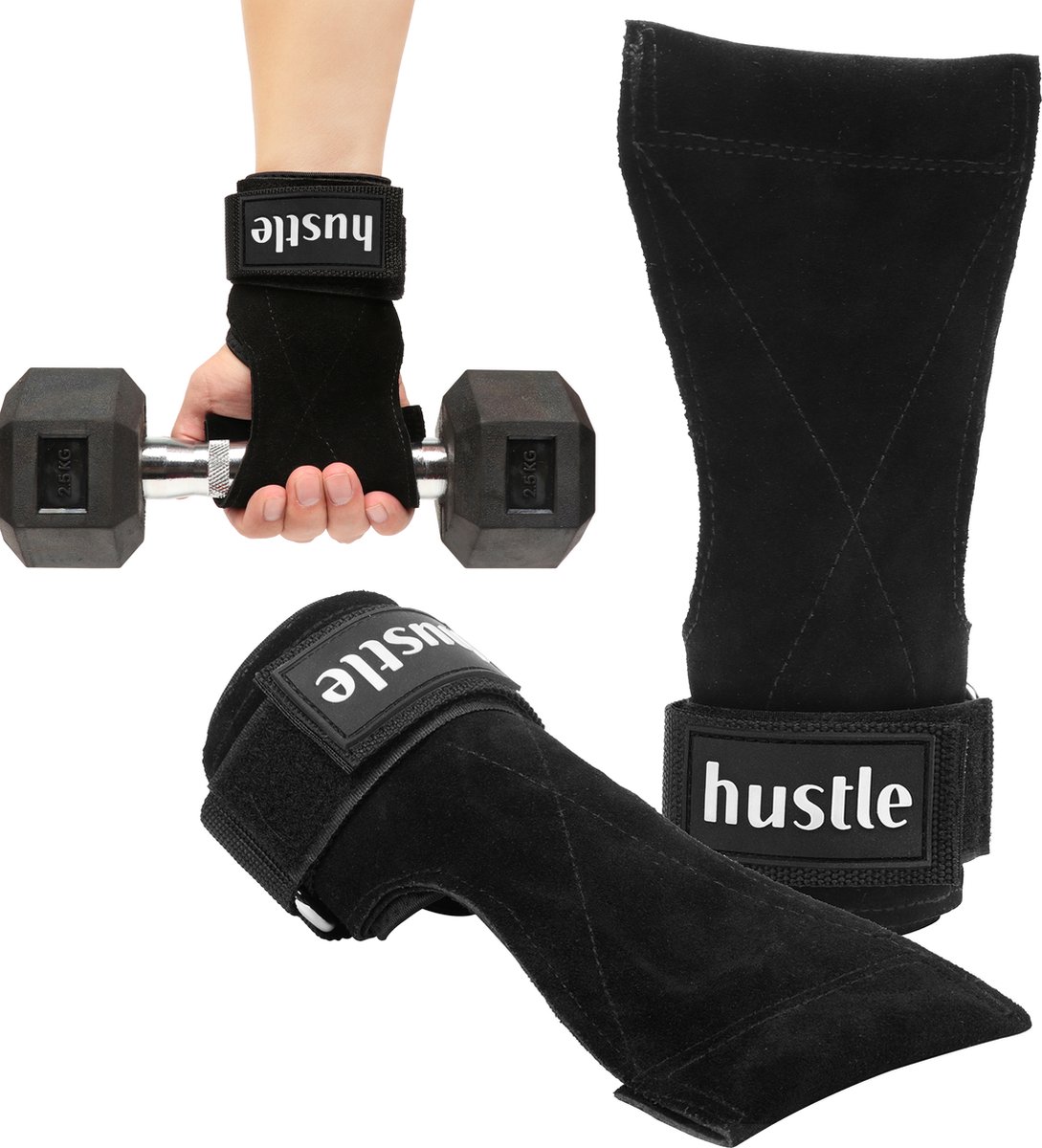 hustle Lifting Grips - Lifting straps - Lifting Hooks - Voor Fitness, Powerlift en Crossfit - Leer/Leather - Zwart